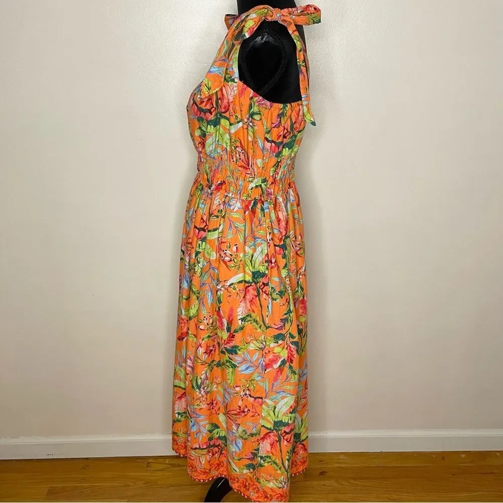 Lands End Tropical Sundress Floral Midi Lined Sleeveless Orange Green Small 6-8 - Picture 4 of 11